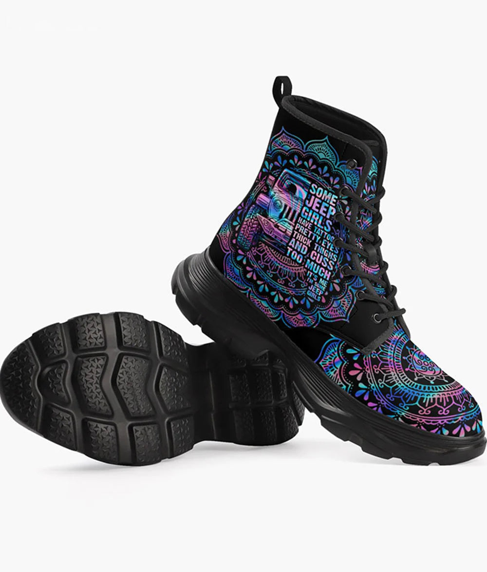 Some Jeep Girls Mandala Hologram Leather Chunky Boots Leather Boots